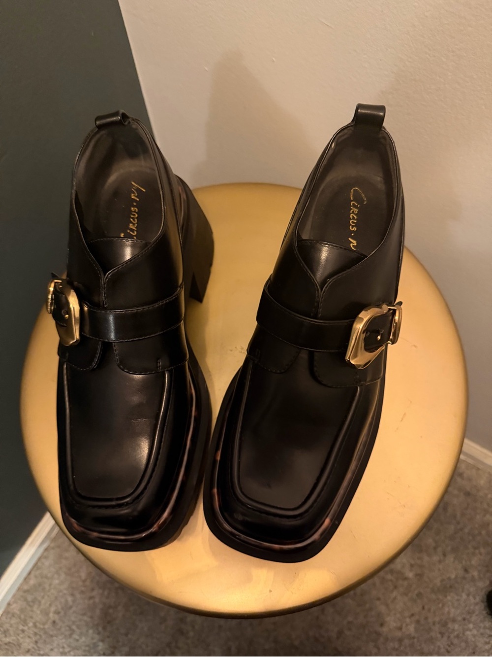 Black Chunky Loafer with Gold Buckle - Women's Shoes - Picture 4 of 6